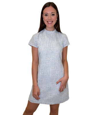 Blue Tweed Short Sleeve Shift Dress