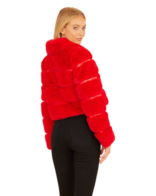 Faux Leather & Fur Cropped Zip Jacket- Red