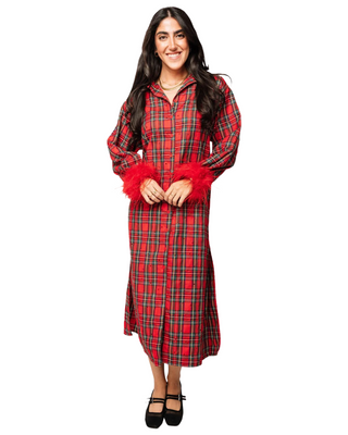Red & Green Plaid Feather Sleeve Button Up Midi Dress