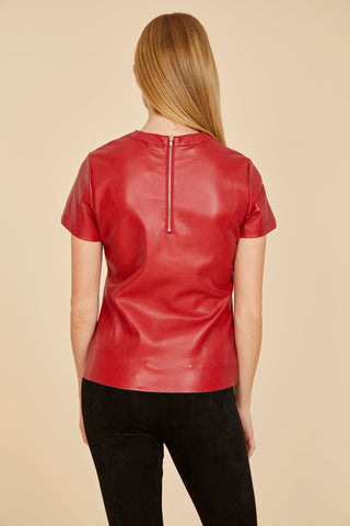 Femme Faux Leather Short Sleeve Shirt- Red