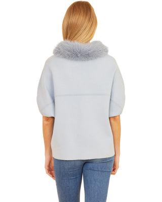 Short Sleeve Cardigan with Faux Fur Collar- Powder Blue