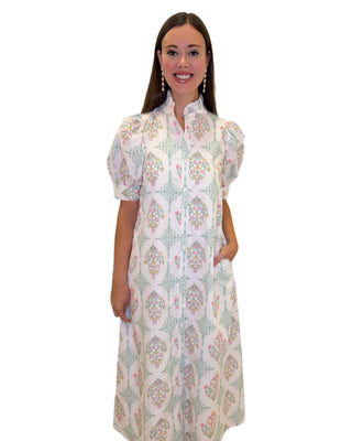 Vintage Floral Ruffle Neck Maxi Shirt Dress- Ivory