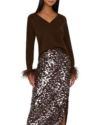 Feather Cuff V-Neck Sweater- Brown