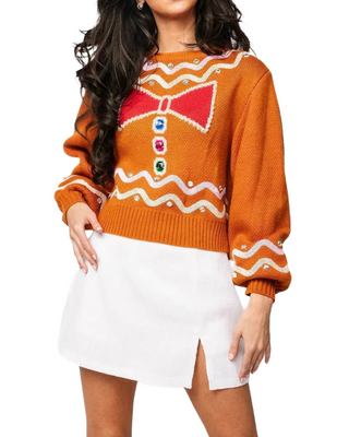 Brown Gingerbread Man Jewel Bow Tie Sweater