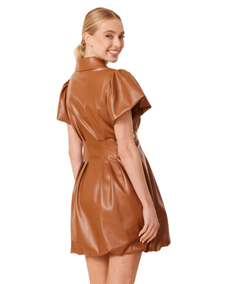 Birdie Faux Leather Zip Bubble Dress- Saddle