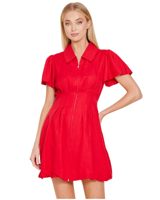 Linen Zip Bubble Dress- Red