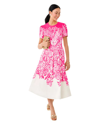 Loradonna Stretch Midi Dress- Sun Shell Pink Festive Fronds