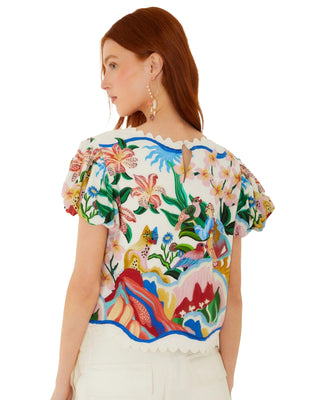 Short Sleeve Blouse- Garden Of Life Scarf Off-White
