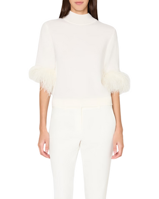 Short Sleeve Feather Mockneck Sweater- Ecru