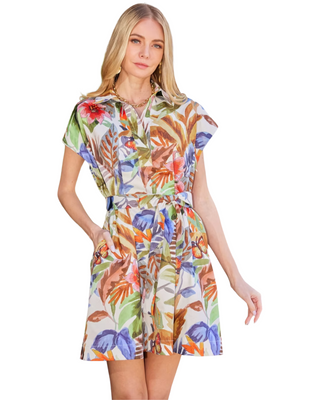 Short Sleeve Darts Dress- Leaf Mosaic