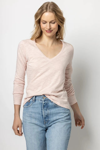 Back Seam Long Sleeve V-Neck- Rosebud