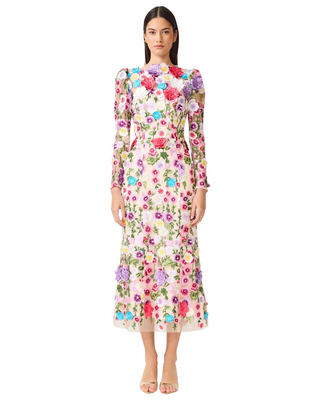 Rosette Long Sleeve Midi Dress- Multi