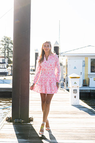 Long Sleeve Smocked Waist Dress- Batik Floral Print Pink