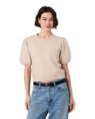 Yulia Knit Puff Sleeve Top- Oatmeal Melange
