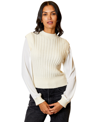 Mock Neck Mixed Media Sweater- Canvas/White
