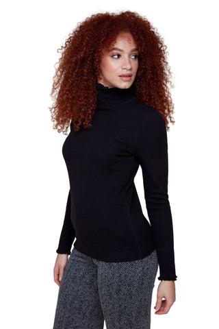 Ribbed Ruffle Turtleneck- Black