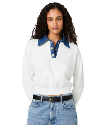 Maxime Knit Collared Top- White + Denim