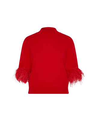 Short Sleeve Feather Mockneck Sweater- Red