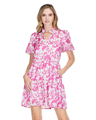 Magenta Hibiscus Puff Sleeve Tiered Dress