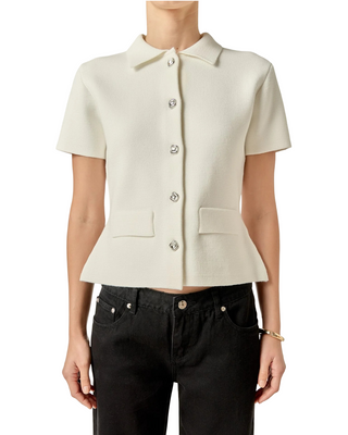 Gem Button Knit Top- Off White