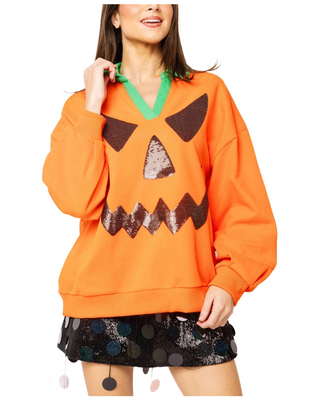 Pumpkin Face Collar Sweatshirt- Orange
