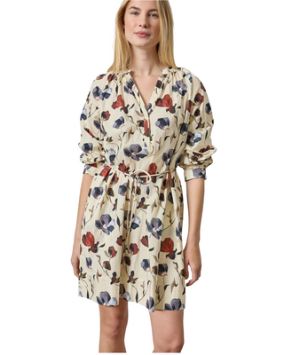 Shirred Neck Placket Dress- Blue Poppy Print