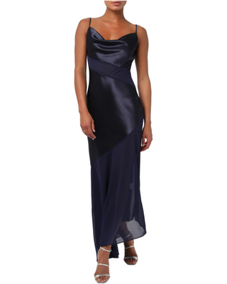 Lainey Asymmetrical Cowl Neck Maxi Dress- Navy