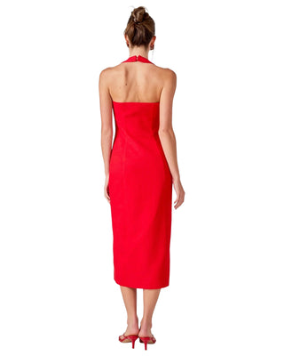 Linen Halter Neck Midi Dress- Red