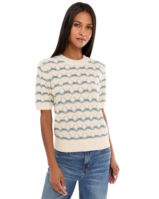 Short Sleeve Multistitch Pullover Sweater- Winter White Stripe