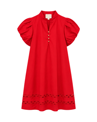 Button Front Puff Sleeve Mini Dress- Red