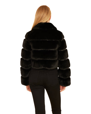 Faux Leather & Fur Cropped Zip Jacket- Black