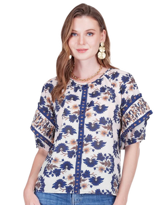 Indigo Lotus Pleated Sleeve Top