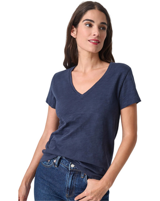 V-Neck Short Sleeve Back Seam Tee- Navy