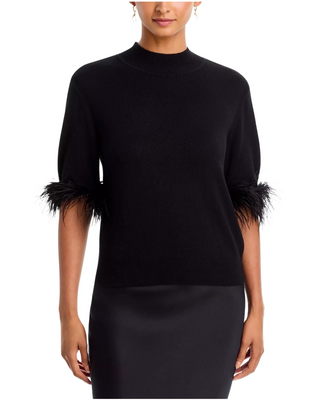 Short Sleeve Feather Mockneck Sweater- Black