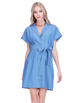 Pleated Waist Button Down Dress- Denim