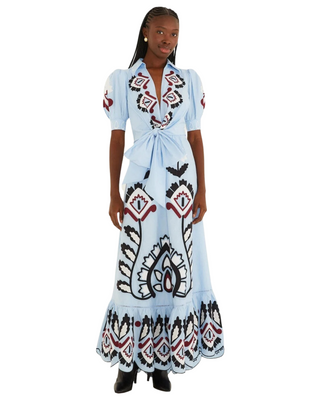 Blue Artisanal Embroidered Front Bow Maxi Dress