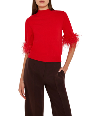 Short Sleeve Feather Mockneck Sweater- Red