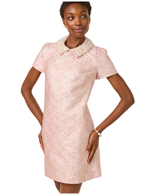 Mylan Short Sleeve Shift- Conch Shell Pink Ritsy Ditsy Metallic Brocade