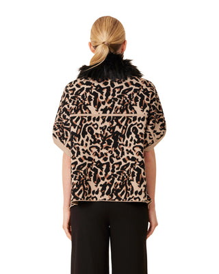 Short Sleeve Cardigan with Faux Fur Collar- Leopard
