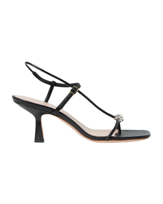 Triana Strappy Mid-Heel Sandal- Black/Gold Crystal