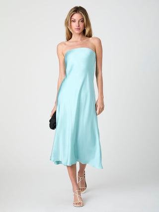 Oona Satin Strapless Midi Dress- Pastel Turquoise