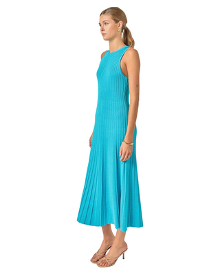 Pleated A-Line Knit Midi Dress- Blue