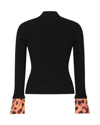 Printed Satin Cuff Knit Mock Neck Top- Black/Cheetah