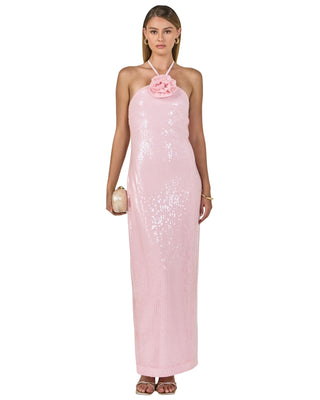 Halter Sequin Rose Maxi Dress- Baby Pink