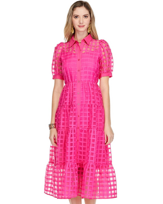 Window Pane Button Down Midi Dress- Hot Pink