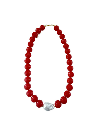 Kira Pearl Beaded Necklace- Red