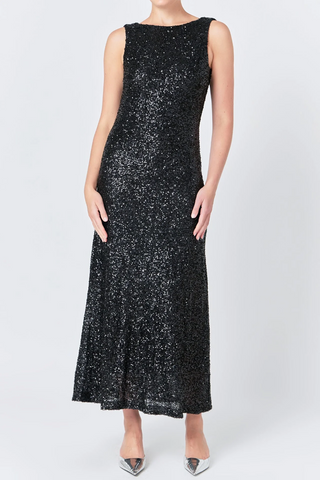 Open Back Sleeveless Sequin Maxi Dress- Black