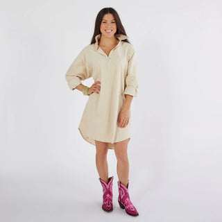 Preppy Corduroy Dress- Camel/Pink