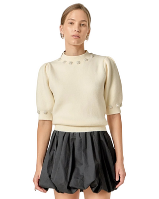 Pearl Detail Puff Sleeve Knit Top