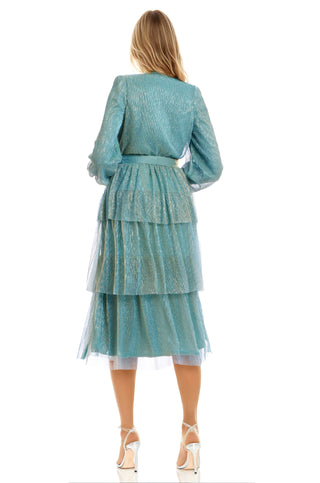 Donna Long Sleeve Tiered Midi Dress- Green Blue